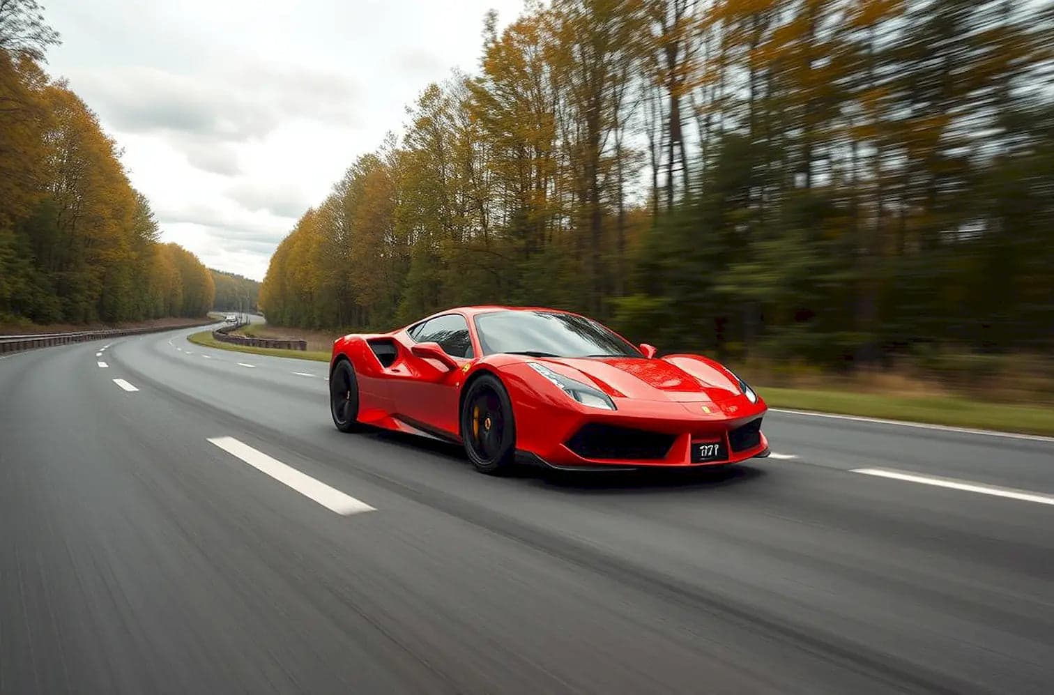Red Ferrari driving fast on a tree-lined road